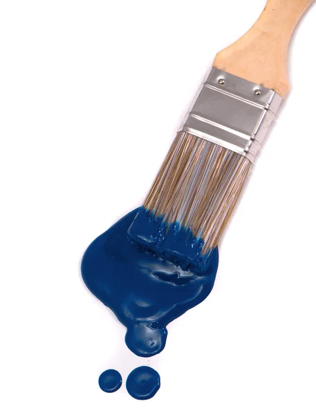 Blauwe verf en penseel op wit — Stockfoto