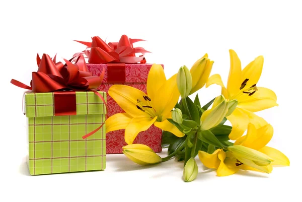 Желтая лилия и подарочная коробка — стоковое фото