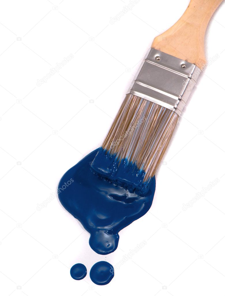 Blue paint and brush on white