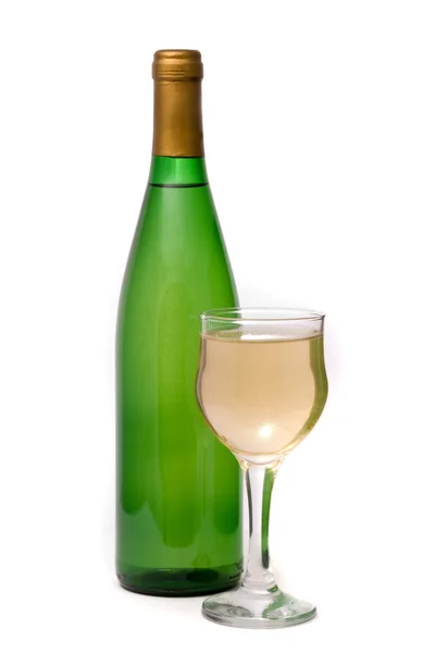 Garrafa de vinho e vidro em um branco — Fotografia de Stock