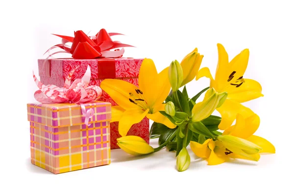 Yellow lily and gift box — Stock Photo, Image