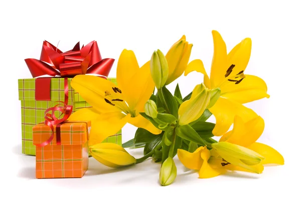Yellow lily and gift box — Stock Photo, Image