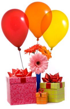 Beautiful gerbers, gifts and balloons clipart