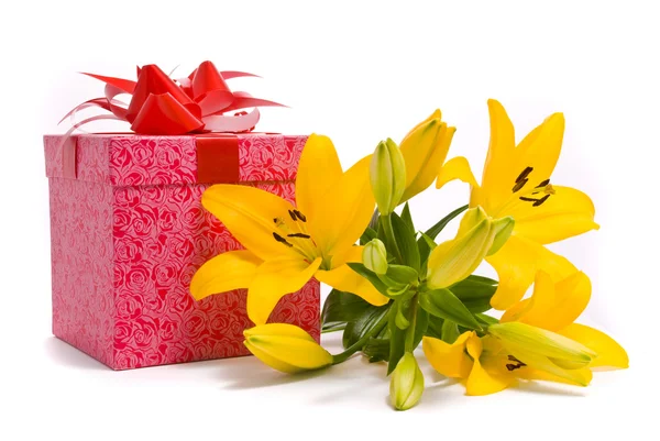 Gele lily en gift box — Stockfoto