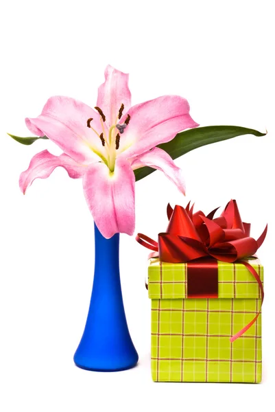 Rózsaszín liliom és ajándék doboz — Stock Fotó