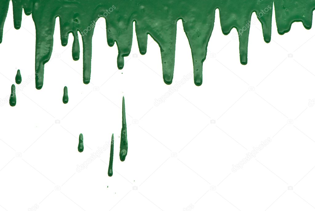 Green paint pouring on white background