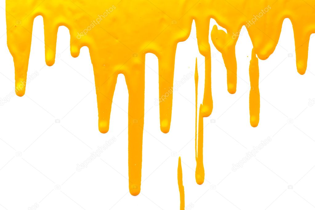 Yellow paint pouring on white background