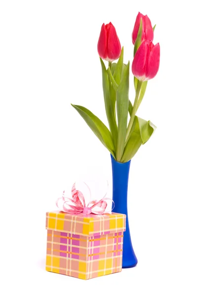 Tulipas vermelhas em vaso azul e caixa de presente — Fotografia de Stock