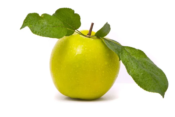 Green fresh apple with leaves — Stock Photo, Image