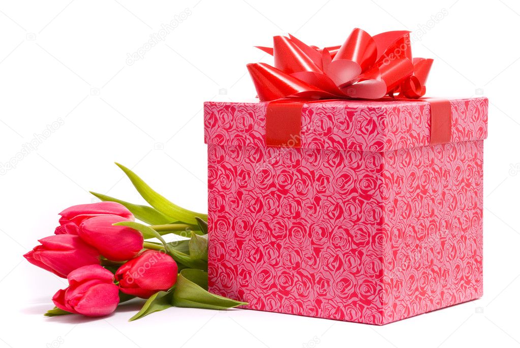 Red tulips and gift box