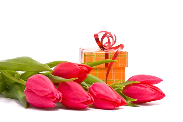 Czerwone tulipany i pudełko — Zdjęcie stockowe