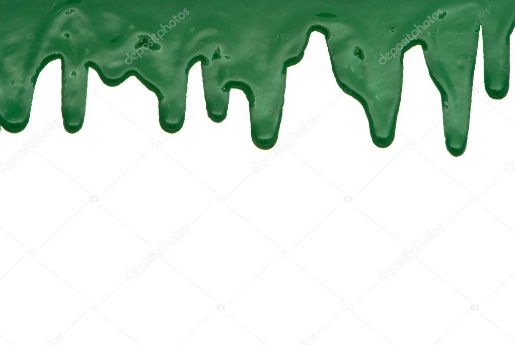 Green paint pouring on white