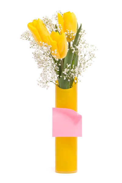 Yellow tulips with note paper — Stock Photo, Image