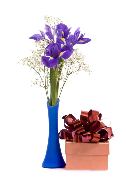 Bouquet d'iris et coffret cadeau — Photo