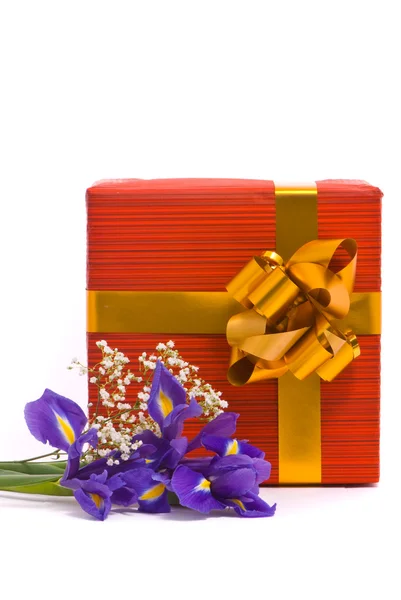 Boeket van een irissen en doos van de gift — Stockfoto