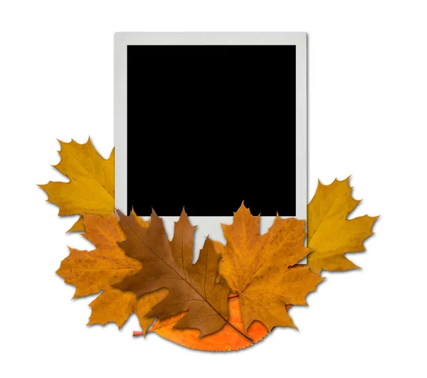Polaroidkarte mit Herbstblättern — Stockfoto