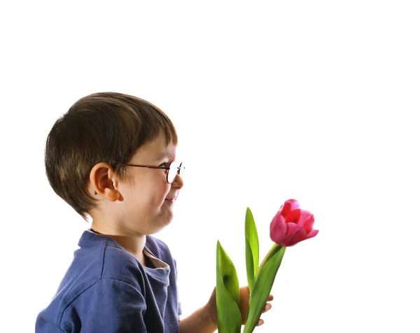 Menino com tulipas — Fotografia de Stock