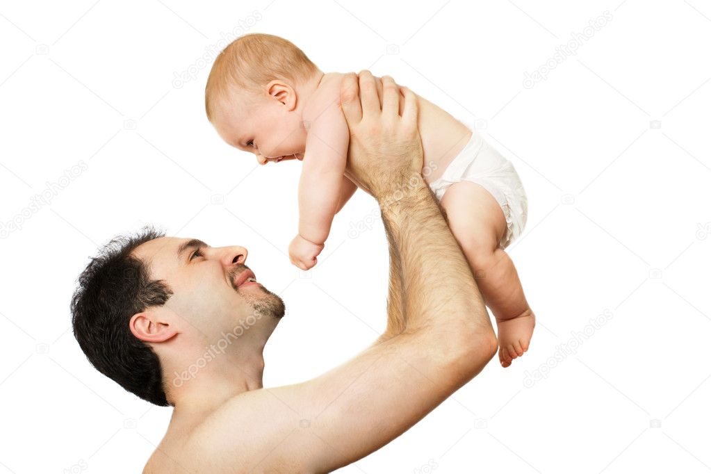 Man and baby on the white background