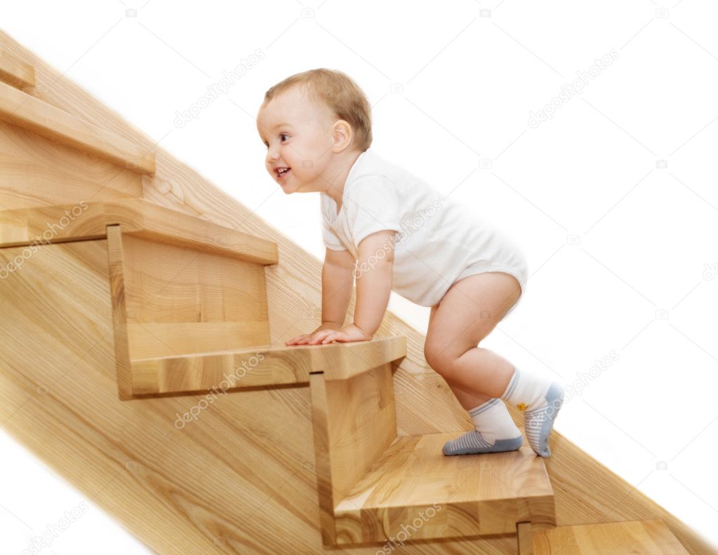 The joyful kid's going upstairs