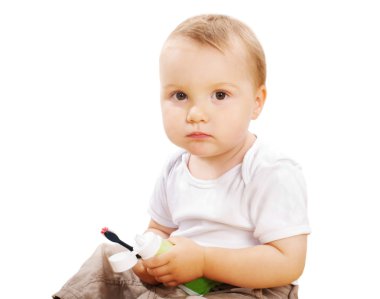 The sad toddler with a tooth brush clipart