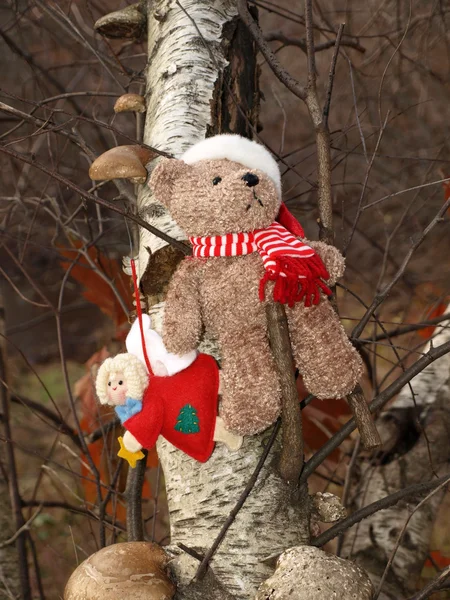 Christmas bear decorating his tree — Stock Photo, Image