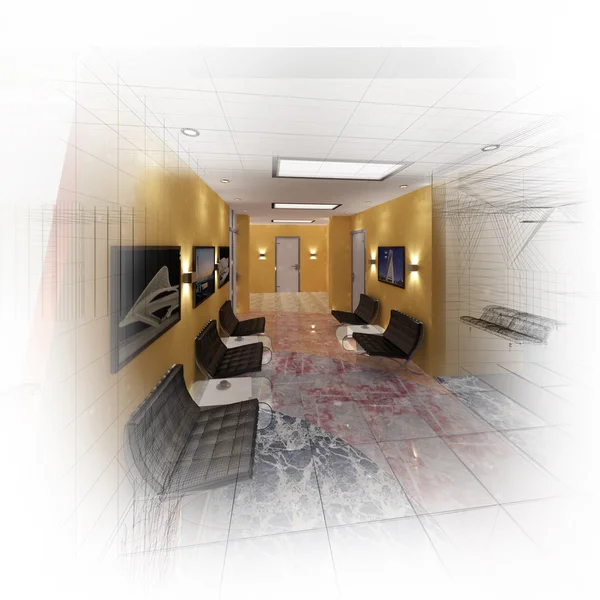 3D γραφείων σύγχρονη αίθουσα στο περίγραμμα επιφάνειας — Φωτογραφία Αρχείου