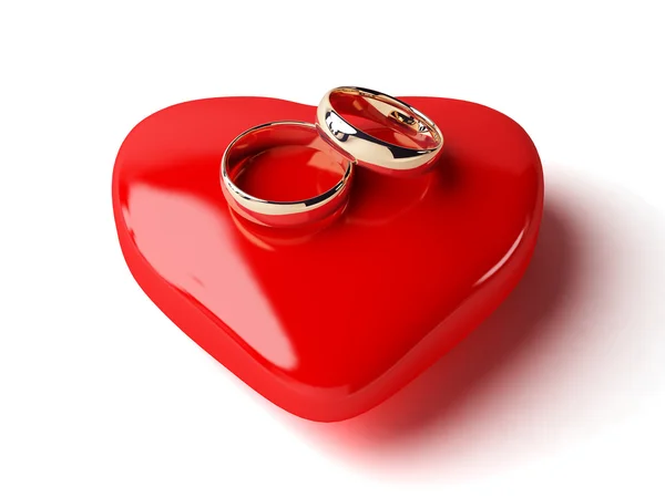 Anéis de casamento 3d e coração — Fotografia de Stock