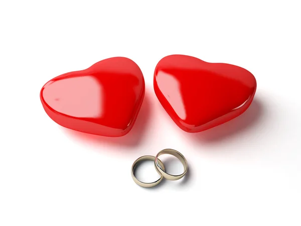 Anéis de casamento 3d e coração — Fotografia de Stock