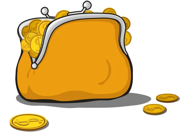 Πορτοκαλί τσάντα γεμάτη από χρυσά νομίσματα — Φωτογραφία Αρχείου