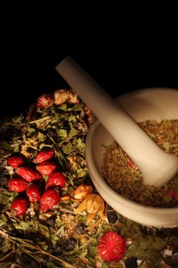 Mortar and pestle with herbs clipart