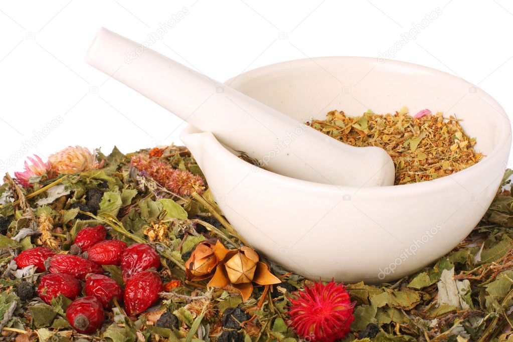 Mortar and pestle with herbs