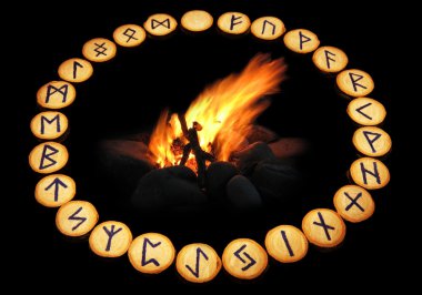 Runes around fire on black background clipart