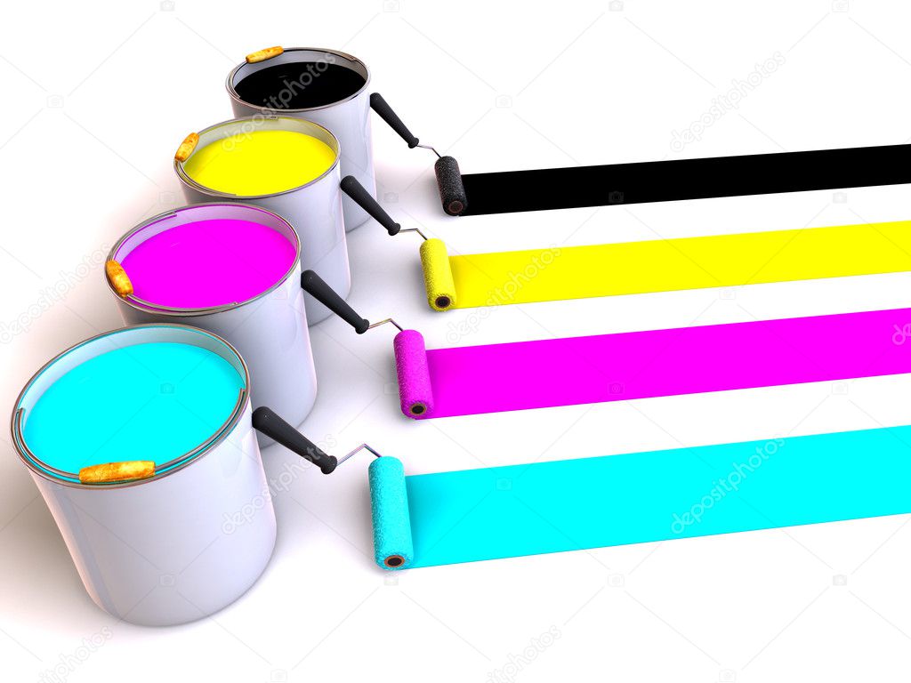 Rollers brush and buckets of paint