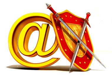 Shield, sword with symbol for internet. clipart