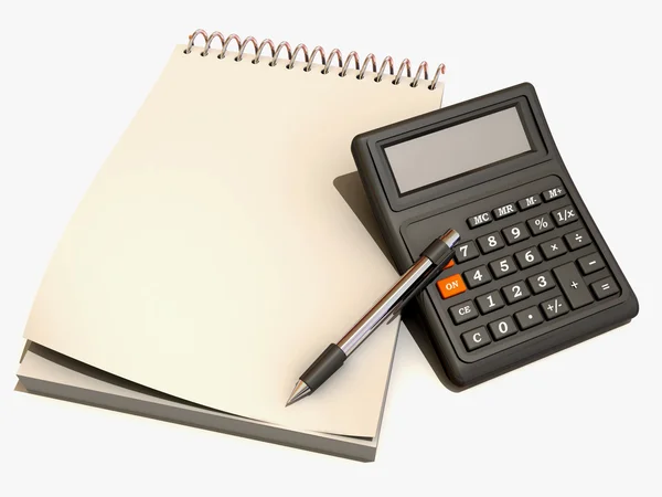 Calculatrice, cahier et stylo — Photo