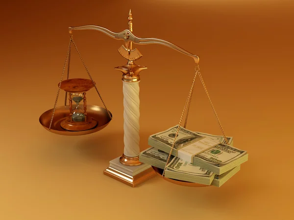 Pengar och timglas i skala — Stockfoto