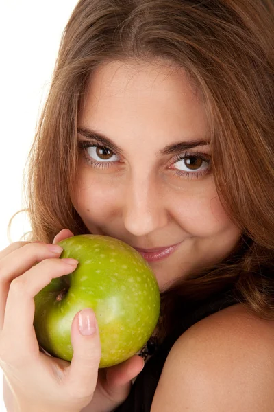 Mujer de belleza con manzana verde fresca — Foto de Stock