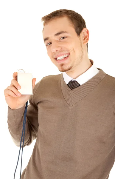 Smiling man is holding a card — Stock Photo, Image