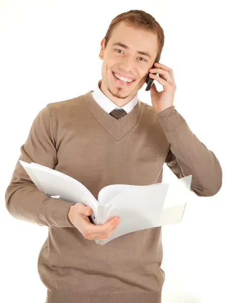 Sorrindo homem com documentos e telefone — Fotografia de Stock