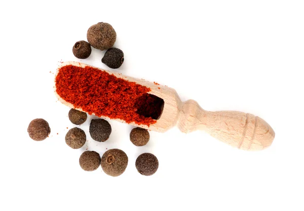 Scoop with powder pepper and peppercorn — Stock Photo, Image