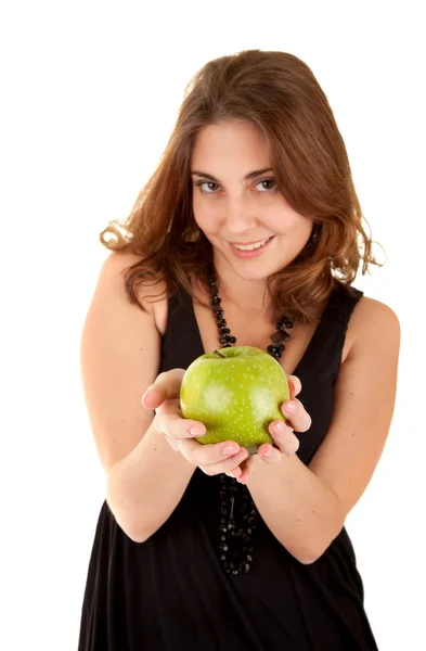 Γυναίκα ομορφιά με φρέσκο πράσινο μήλο — Φωτογραφία Αρχείου