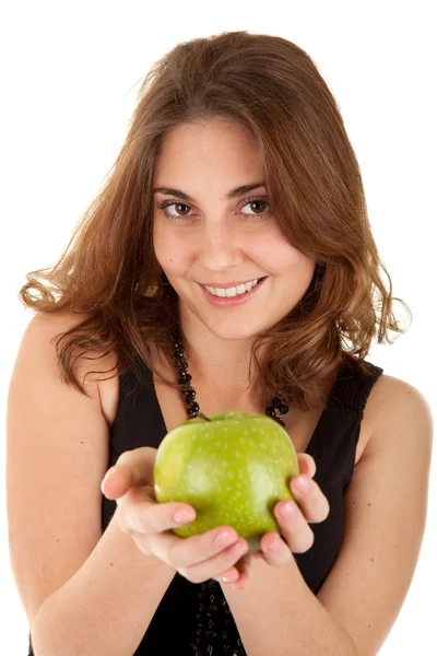 Szépség nő, friss zöld alma — Stock Fotó