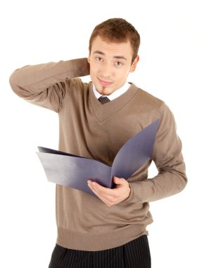 Young thinking man with documents clipart