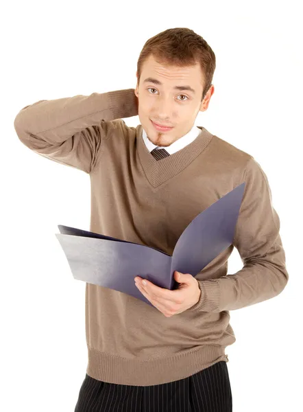 Young thinking man with documents — Stock Photo, Image
