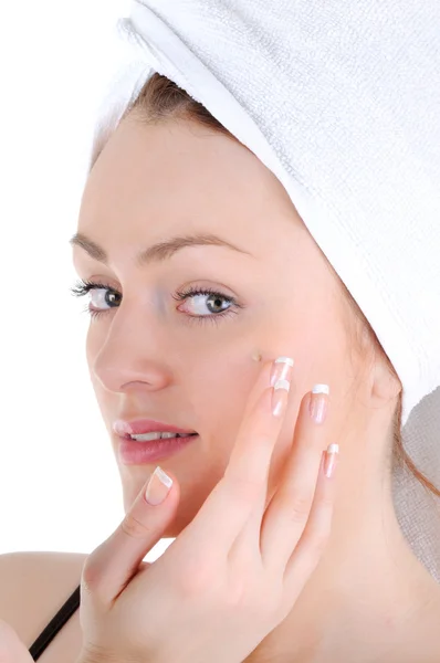 Cream appling on face skin — Stock Photo, Image