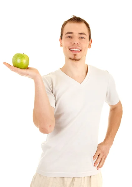 Young man with green fresh apple — Stock Photo, Image