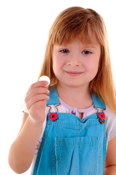 Kleine schoonheid meisje met witte tablet — Stockfoto