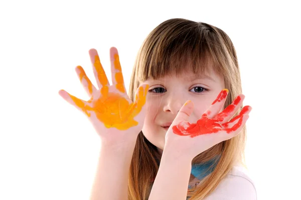 Menina brincalhão com muitas mãos coloridas — Fotografia de Stock