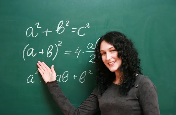 Smiling girl at the blackboard — Stock Photo, Image