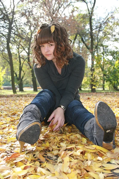 Красивая девушка в осенних листьях — стоковое фото